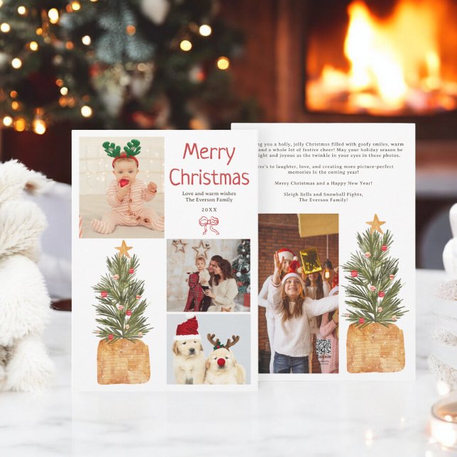 Festive 4 foton Family Watercolor Julgran Julkort (Festive 4 photos Family Watercolor Christmas Tree Holiday Card)