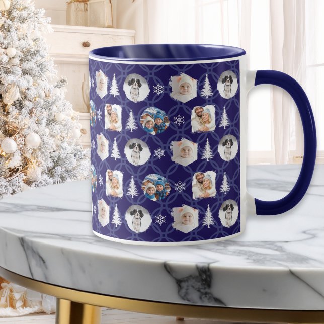Festive 4 Photo Collage Navy Blue Christmas Mugg (A stylish dark blue mug with a collage of 4 custom photos, along with snowflakes and Christmas trees)
