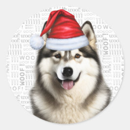 Festive Alaska Malamute Woof Ord Art jul Runt Klistermärke