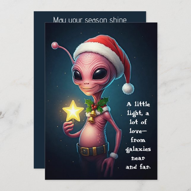 Festive Alien with Glowing Star – Cosmic Christmas Julkort (Fram/baksida)