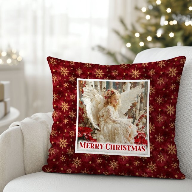 Festive Angel Poinsettia Red Gold Accent Christmas Kudde (Festive Angel Poinsettia Red Gold Accent Christmas Pillow

)