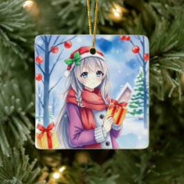 Festive Anime Girl in Whimsical Village jul Julgransprydnad Keramik