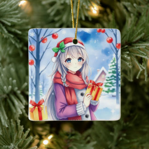 Festive Anime Girl in Whimsical Village jul Julgransprydnad Keramik
