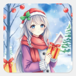 Festive Anime Girl jul Fyrkantigt Klistermärke