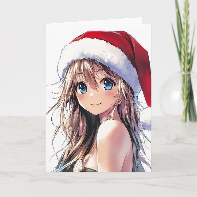Festive Anime Girl Santa Hat med Bright Blue Ögon Helgkort (Framsida)
