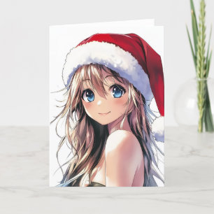 Festive Anime Girl Santa Hat med Bright Blue Ögon Helgkort