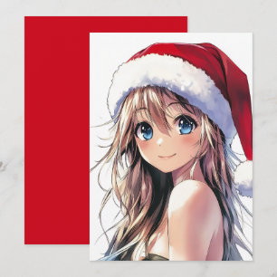 Festive Anime Girl Santa Hat med Bright Blue Ögon Julkort
