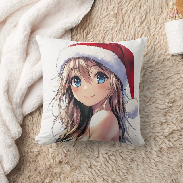 Festive Anime Girl Santa Hat med Bright Blue Ögon Kudde (Filt)