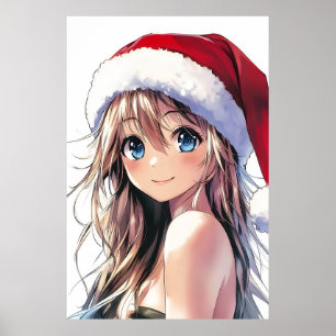 Festive Anime Girl Santa Hat med Bright Blue Ögon Poster