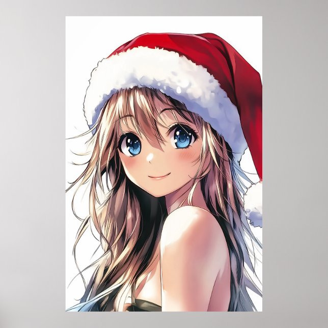Festive Anime Girl Santa Hat med Bright Blue Ögon Poster (Framsidan)