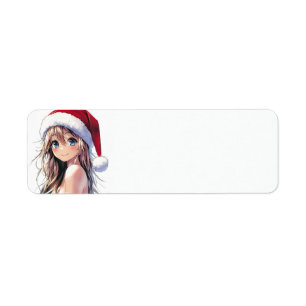 Festive Anime Girl Santa Hat med Bright Blue Ögon Returadress Etikett