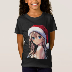 Festive Anime Girl Santa Hat med Bright Blue Ögon T Shirt