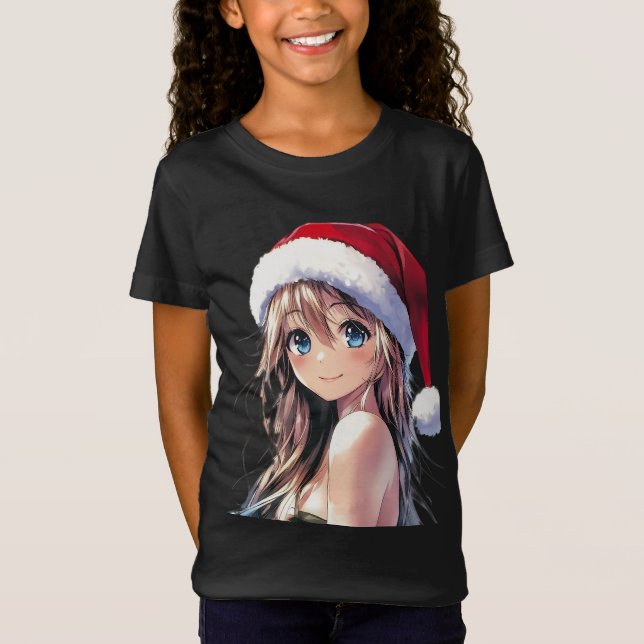 Festive Anime Girl Santa Hat med Bright Blue Ögon T Shirt (Framsida)