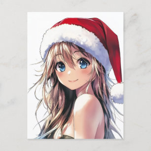 Festive Anime Girl Santa Hat med Bright Blue Ögon Vykort