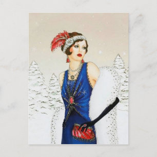 Festive Art deco retro vintage jul dam Helg Vykort