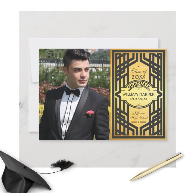 Festive Art Deco Studenten Photo Guld klass 20XX Inbjudningar (Skapare uppladdad)