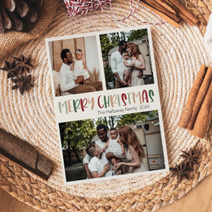 Festive Avslappnad Colorful jul fet Three Photo Julkort