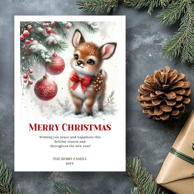 Festive Baby Deer Winter Scene Watercolor Greeting Julkort (Festive Baby Deer Winter Scene Watercolor Greeting Card

)