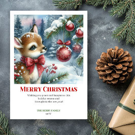 Festive Baby Fawn Snowy Forest Watercolor Xmas Julkort