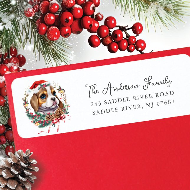 Festive Beagle Hund i Santa Hat-Returadressen Returadress Etikett (Skapare uppladdad)