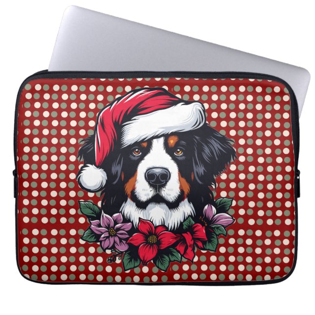 Festive Bernese Hund med Santa Hat och Blommigtar Laptop Fodral (Framsidan)