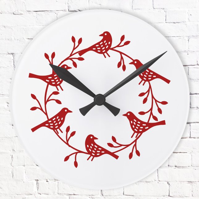 Festive Bird and Flower Scandi Wand Rund Klocka (Red and white festive Scandinavian bird wall clock)