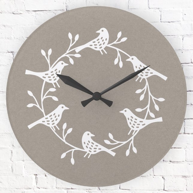 Festive Bird and Flower Scandi Wand Rund Klocka (Scandinavian folk art style white and neutral beige bird wall clock)