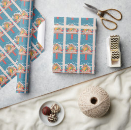 Festive Bird House Helgdag Blue Wrapping Papper Presentpapper