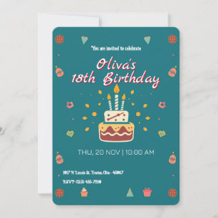 Festive Birthday Cake with Candles and Icones Inbjudningar