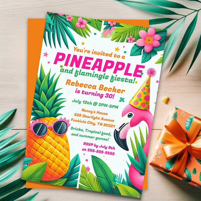 Festive Birthday Pineapple och Flamingo Fiesta Inbjudningar (Skapare uppladdad)