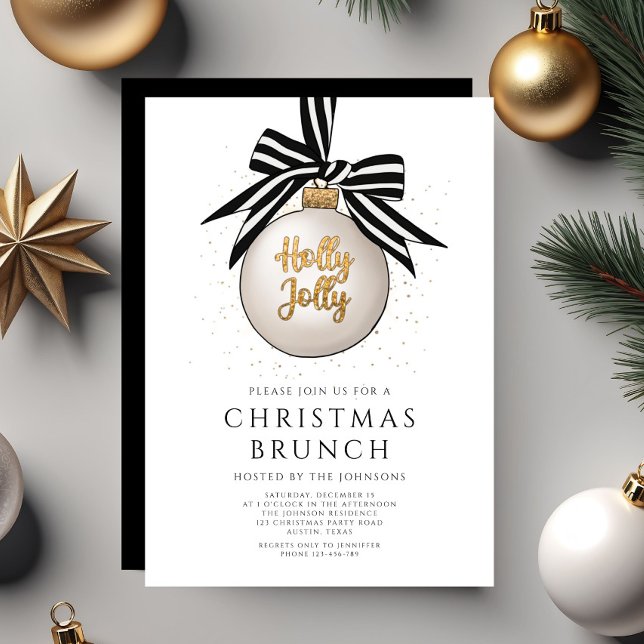 Festive Black and White Guld jul Brunch Inbjudningar (Festive Black And White Gold Christmas Brunch Invitation)