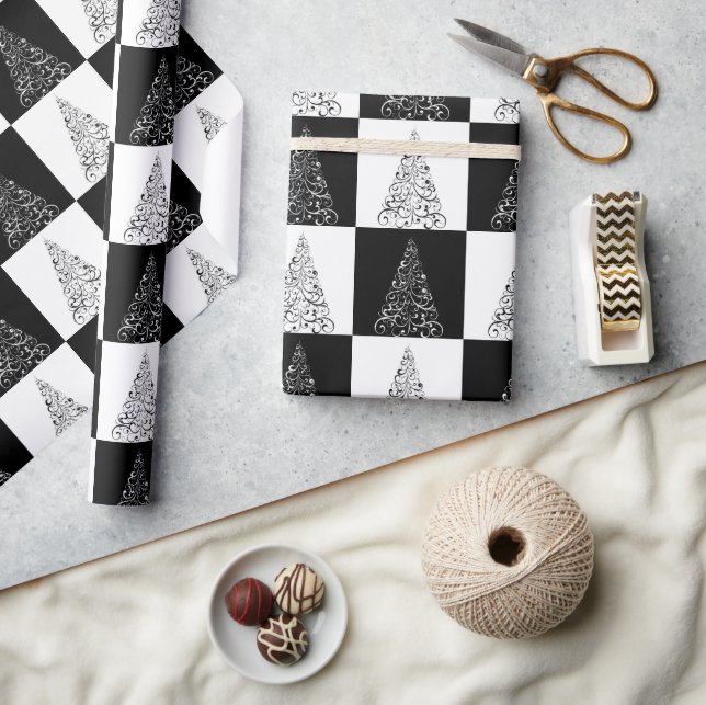 Festive Black and White Julgran Gift Presentpapper (Hantverk)