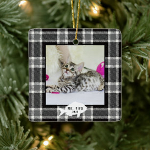 Festive Black and White Play Cat Namn Julgransprydnad Keramik