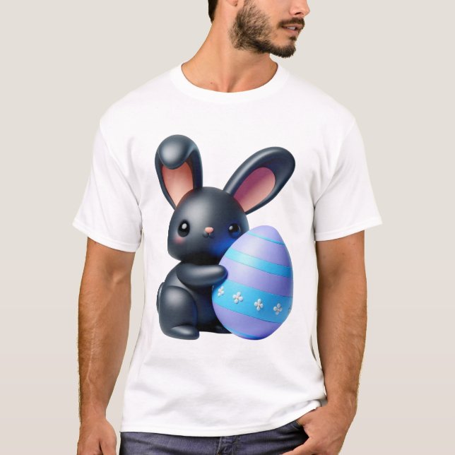 Festive Black Bunny Holding Decorated Egg T Shirt (Framsida)