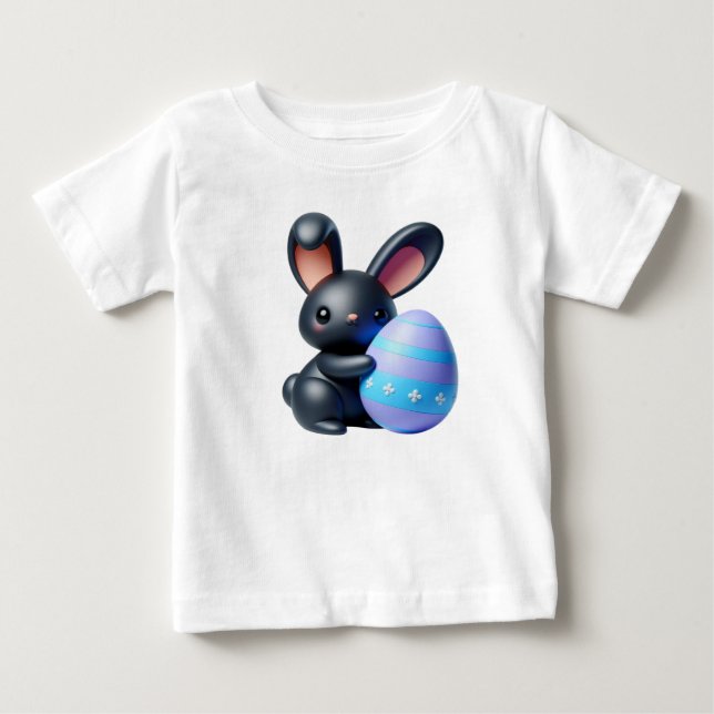 Festive Black Bunny Holding Decorated Egg T Shirt (Framsida)