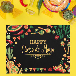 Festive Black Cinco de Mayo Fiesta Icons Vykort