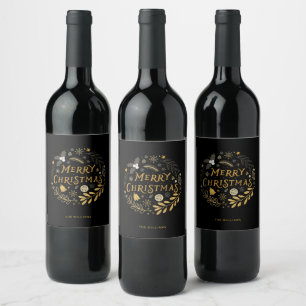 Festive Black & Guld God jul Vinflaska Etikett