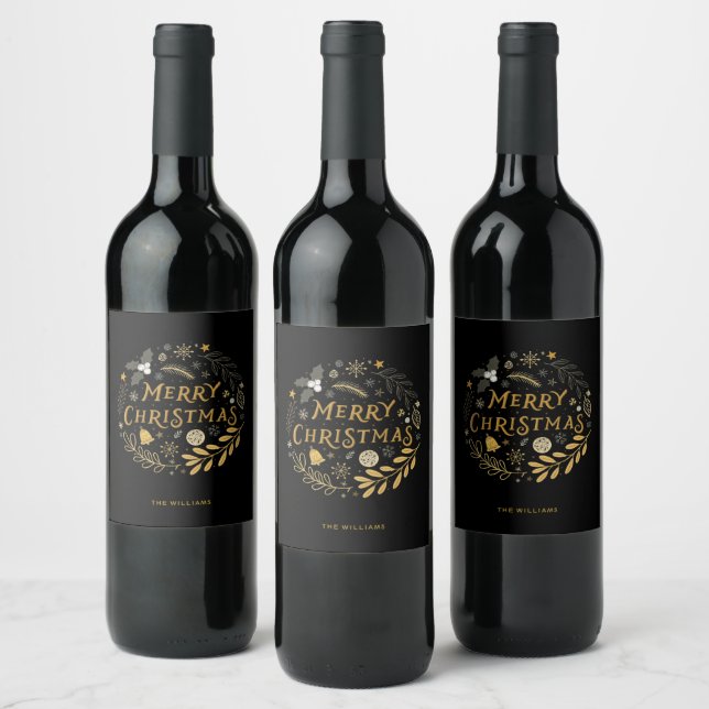 Festive Black & Guld God jul Vinflaska Etikett (Flaskor)