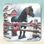 Festive Black Horse och kardinal jul Fyrkantigt Klistermärke<br><div class="desc">En vattenfärgad illustration av en scen på en rustik gård med en svart häst och kardinal och ett trästängsel som dekoreras i gräs på koner,  bär och trädgårdsmark en vinterdag.</div>