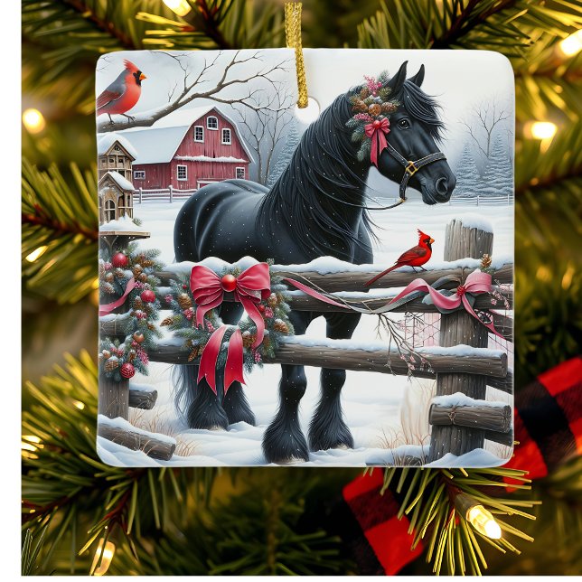 Festive Black Horse och kardinal jul Julgransprydnad Keramik (Skapare uppladdad)