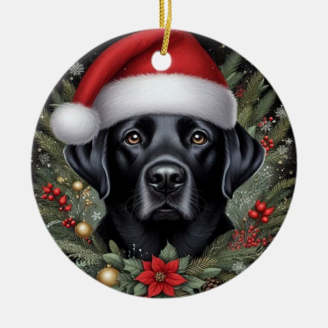 Festive Black Labrador Wearing Santa Hat Julgransprydnad Keramik (Framsidan)