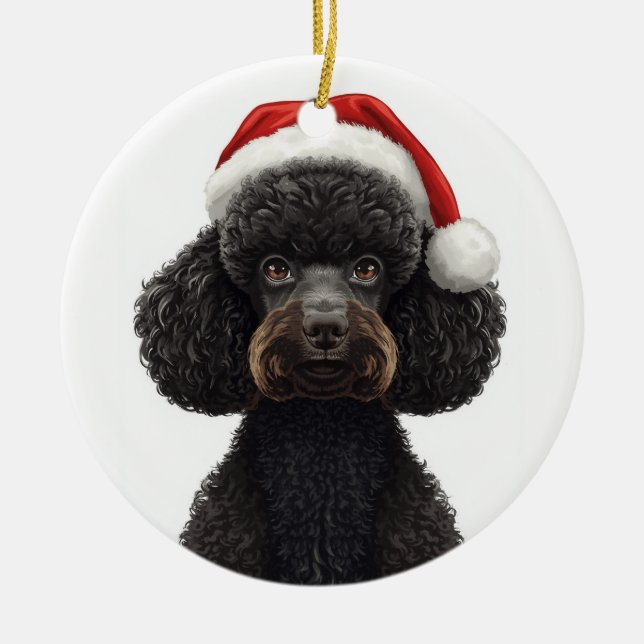 Festive Black Poodle Dog in Santa Hat Illustration Julgransprydnad Keramik (Framsidan)
