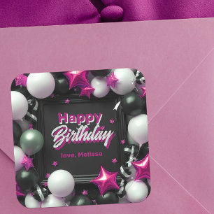 Festive Black White Metallic Rosa Balloon Birthday Fyrkantigt Klistermärke