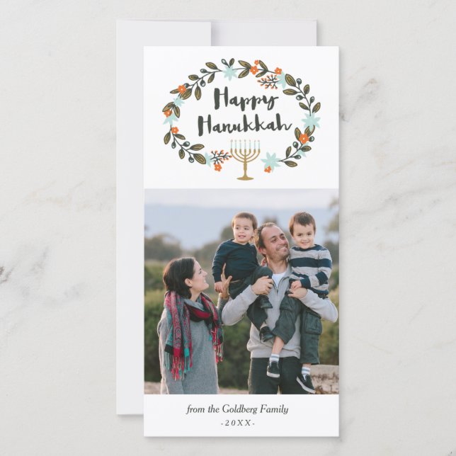 Festive Blommigt Hanukkah Julkort (Framsida)