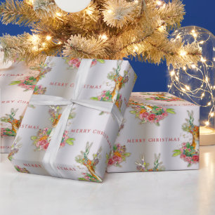 Festive Blommigt Reindeer på Silver God jul Presentpapper
