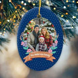 Festive Blommigt Wand God Jul Navy Photo Julgransprydnad Keramik
