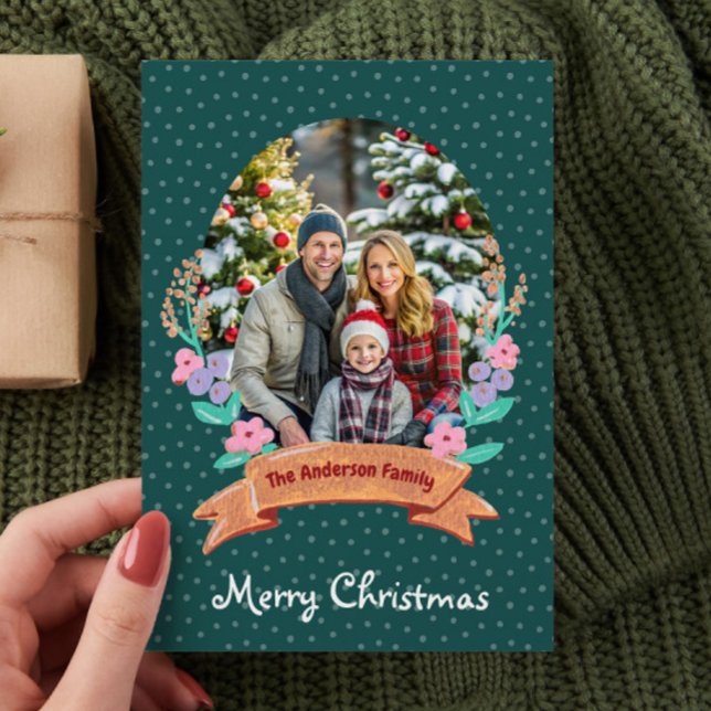 Festive Blommigt WANDERS Grönt Foto- jul Julkort (Skapare uppladdad)