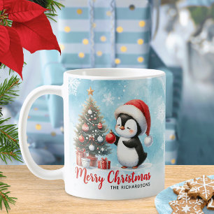 Festive Blue and Red Roligt Penguin God jul Kaffemugg