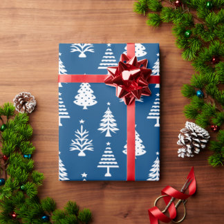 Festive Blue and White Christmas Tree Pattern Presentpapper