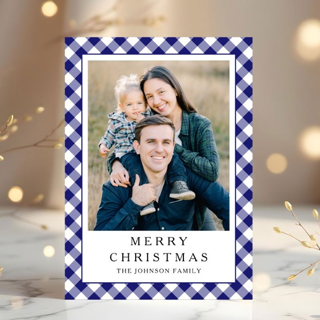 Festive Blue Gingham Photo Christmas Julkort (Festive Blue Gingham Photo Christmas Holiday Card)